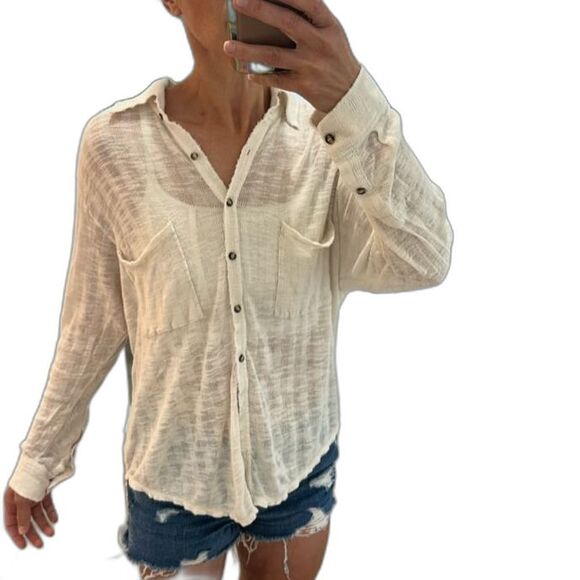 Free People Beach Ivory Textured Gauze Long Sleeve Button Up Shirt Size S - Picture 11 of 14